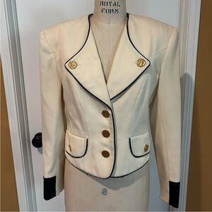 Vintage Cream Wool Blazer with Black Trim